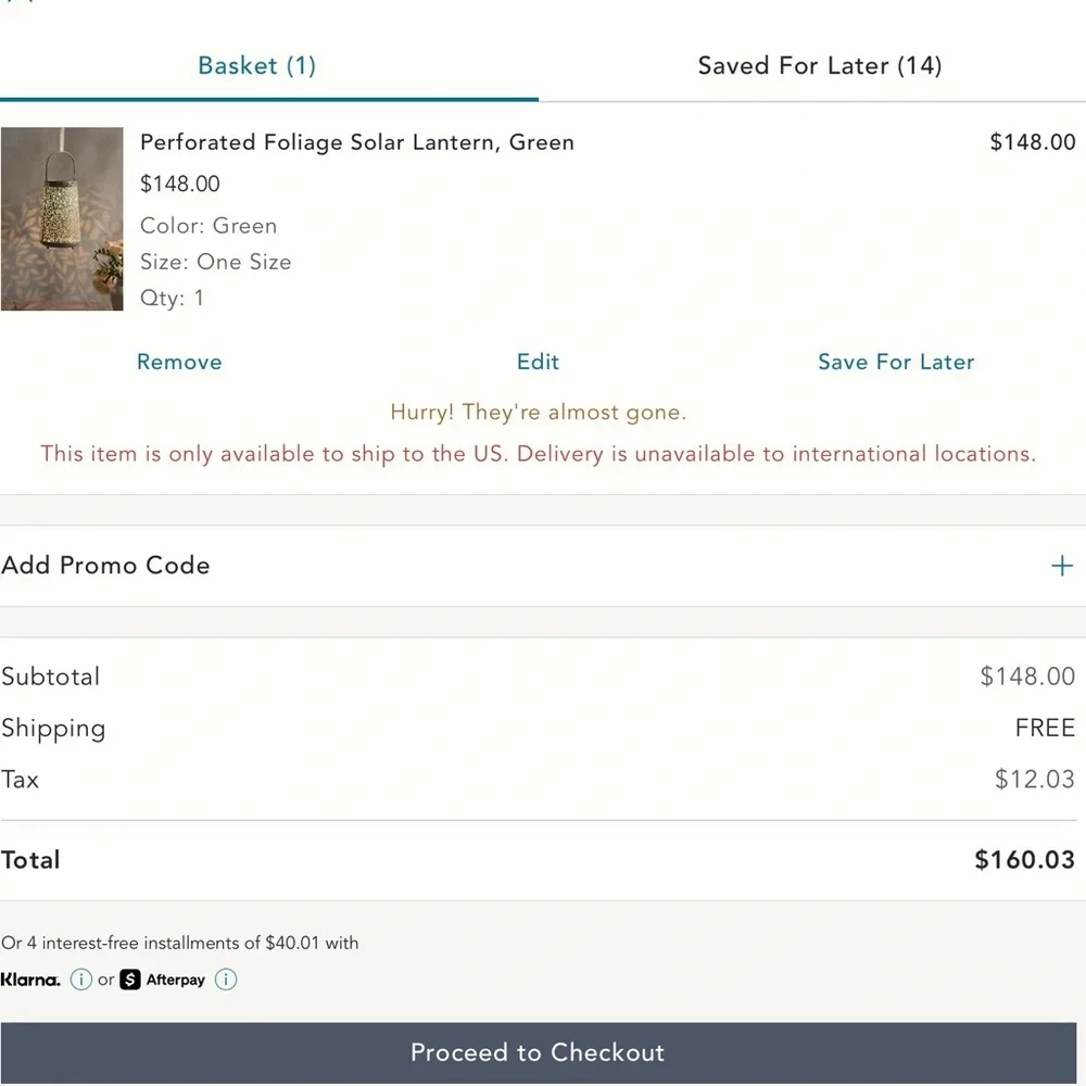 Anthropologie Terrain Perforated Foliage Solar Lantern NEW